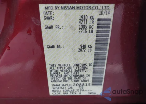 2015 Nissan Altima 2.5 z USA, uszkodzony, nr VIN 1N4AL3AP1FC208815